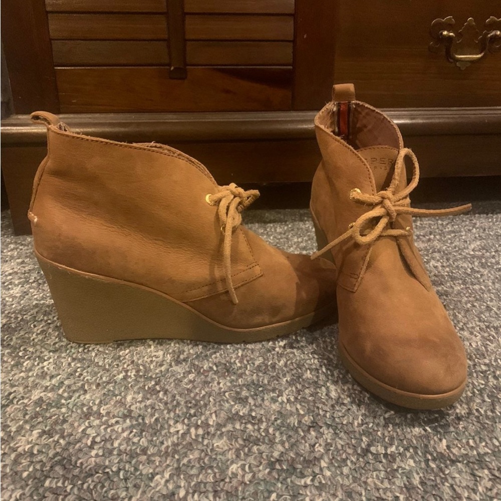 Sperry Top-Sider Harlow Shoes Cognac Leather Ankle Wedge Boot